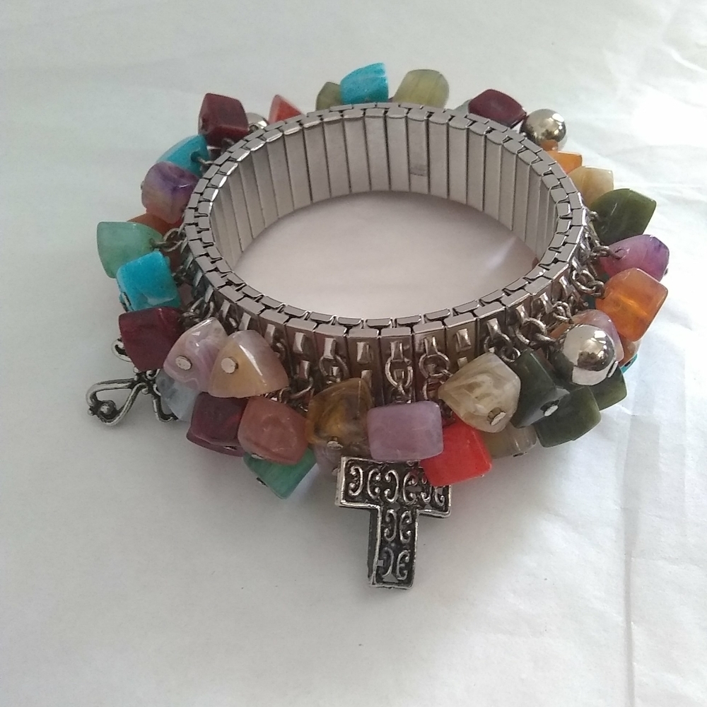 BRACELET Multi-Color Stones Silver Tone Crosses on Stretchy Band Embellishment